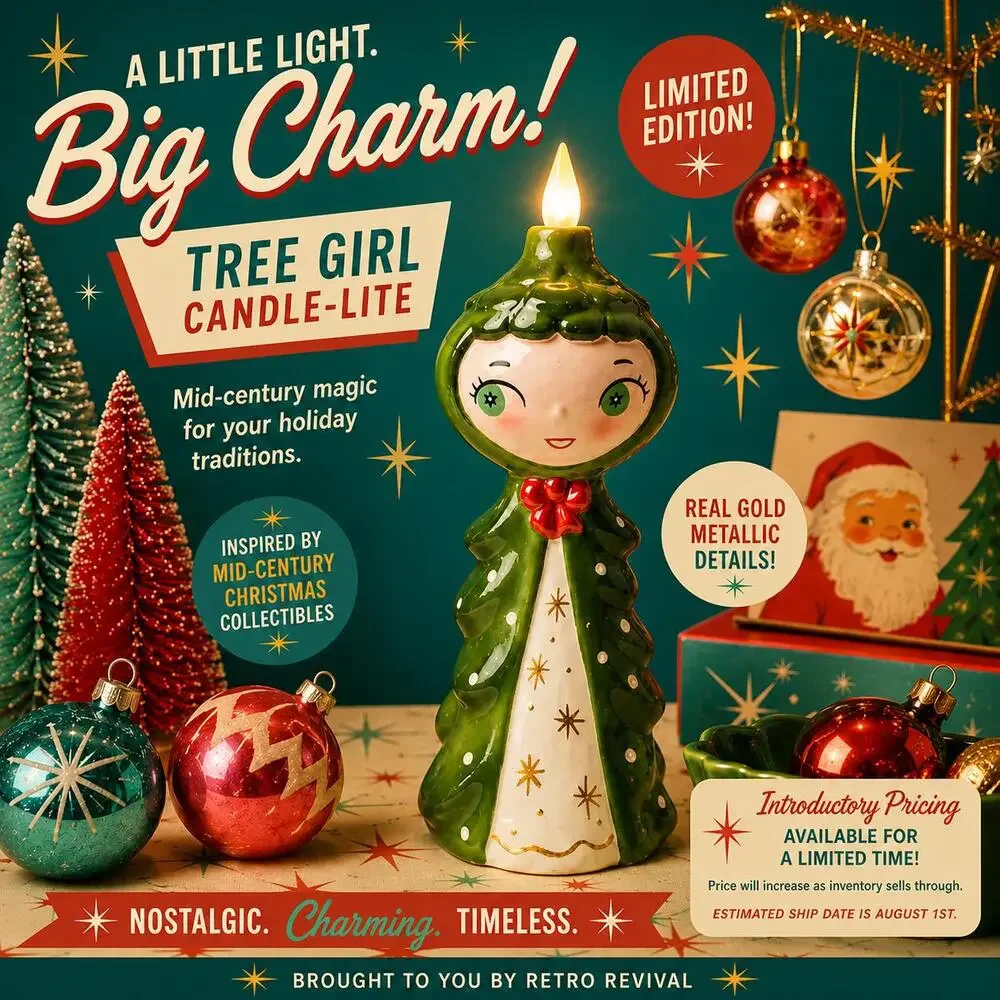 Tree Girl Candle-Lite | Mid Century Christmas Decor | Vintage Inspired Ceramic